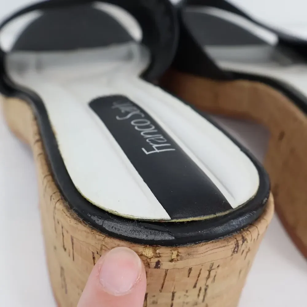 Franco Sarto Women's Pony Leather Open Toe Sandal Heel Black Cork Size US 8.5